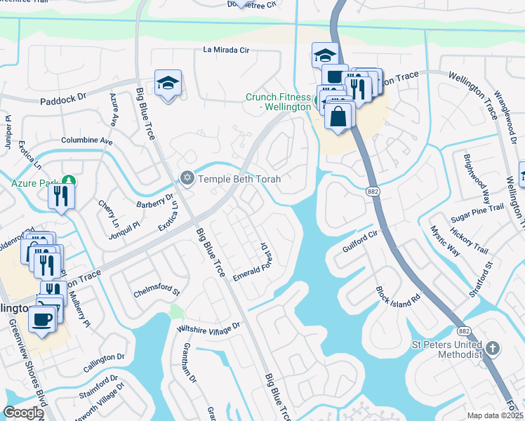 map of restaurants, bars, coffee shops, grocery stores, and more near 13092 Quiet Woods Road in Wellington