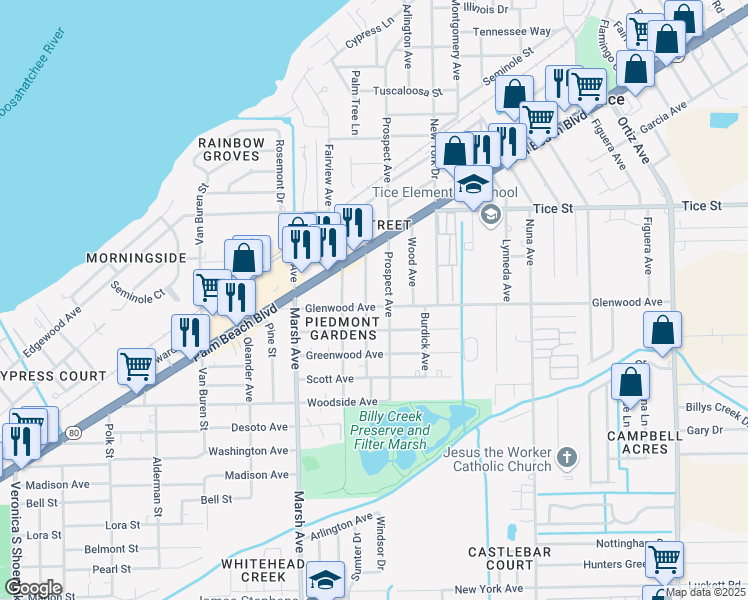 map of restaurants, bars, coffee shops, grocery stores, and more near 4375 Glenwood Avenue in Fort Myers