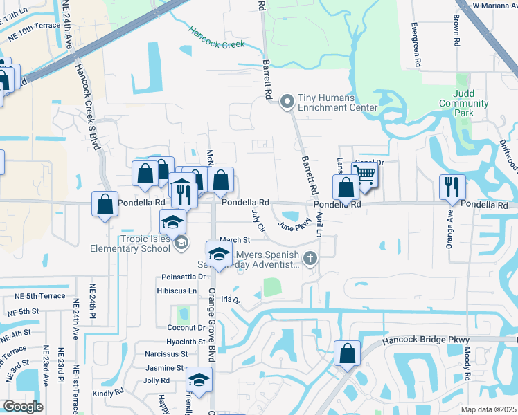 map of restaurants, bars, coffee shops, grocery stores, and more near 879 June Parkway in North Fort Myers