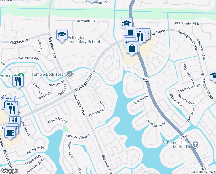map of restaurants, bars, coffee shops, grocery stores, and more near 1024 Lake Breeze Drive in Wellington