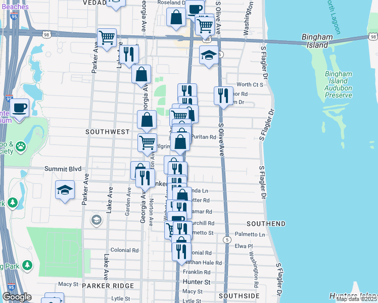 map of restaurants, bars, coffee shops, grocery stores, and more near 5100 South Dixie Highway in West Palm Beach