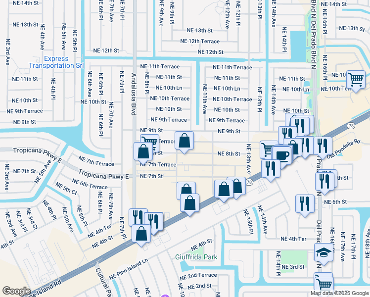 map of restaurants, bars, coffee shops, grocery stores, and more near 1009 Northeast 8th Street in Cape Coral