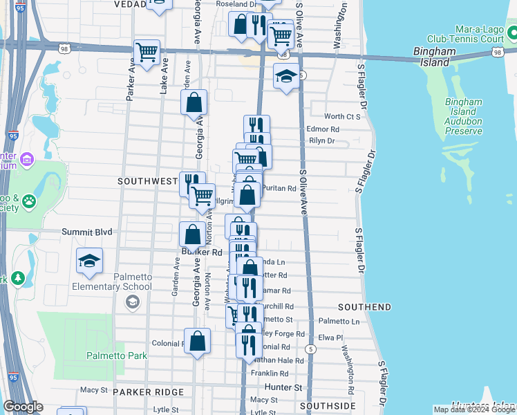 map of restaurants, bars, coffee shops, grocery stores, and more near 5100 South Dixie Highway in West Palm Beach