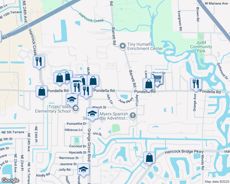 map of restaurants, bars, coffee shops, grocery stores, and more near 879 June Pkwy in North Fort Myers
