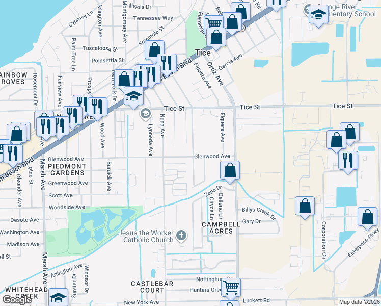 map of restaurants, bars, coffee shops, grocery stores, and more near 598 Carolina Avenue in Fort Myers