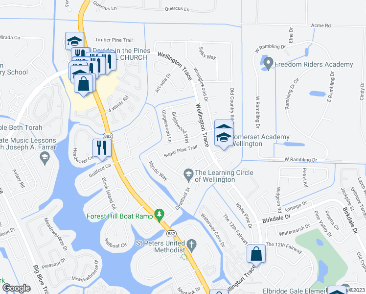 map of restaurants, bars, coffee shops, grocery stores, and more near 12173 Sugar Pine Trail in Wellington