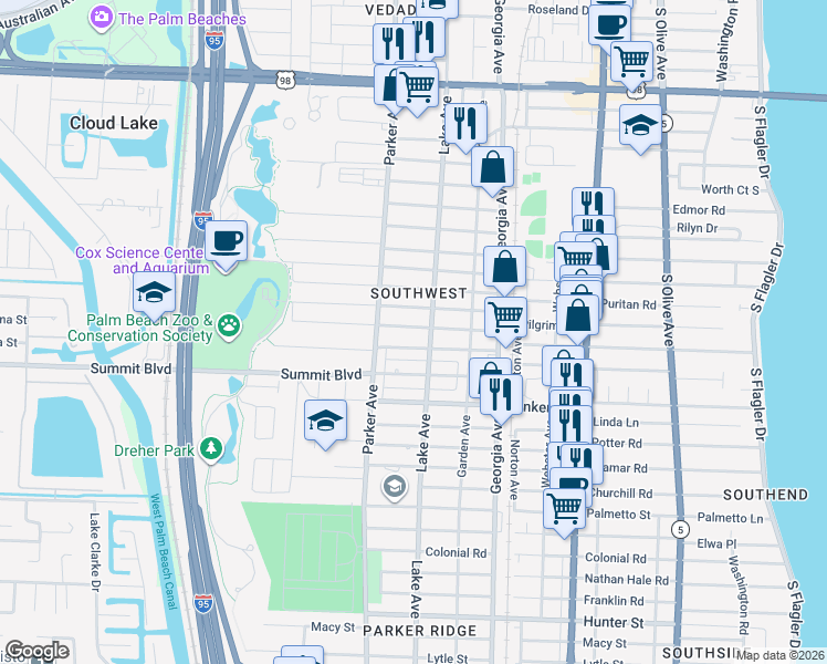 map of restaurants, bars, coffee shops, grocery stores, and more near 825 Hansen Street in West Palm Beach