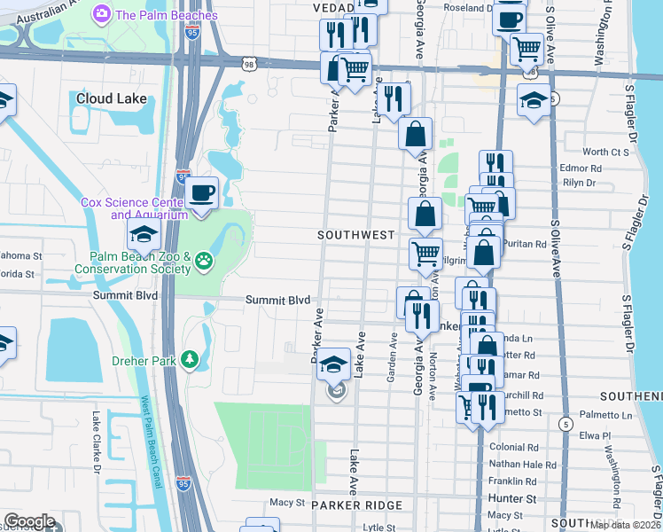 map of restaurants, bars, coffee shops, grocery stores, and more near 825 Hansen Street in West Palm Beach