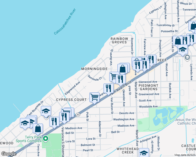 map of restaurants, bars, coffee shops, grocery stores, and more near 20 Seminole Court in Fort Myers