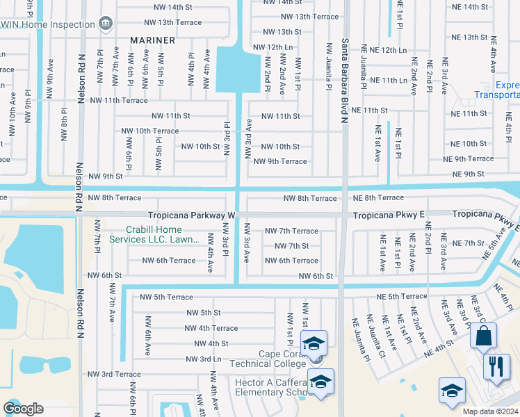 map of restaurants, bars, coffee shops, grocery stores, and more near 223 Tropicana Parkway West in Cape Coral