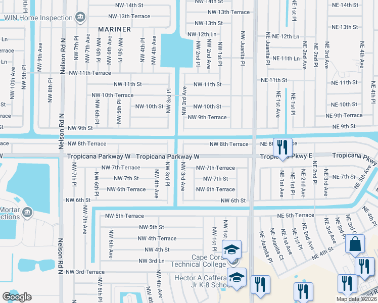 map of restaurants, bars, coffee shops, grocery stores, and more near 223 Tropicana Parkway West in Cape Coral