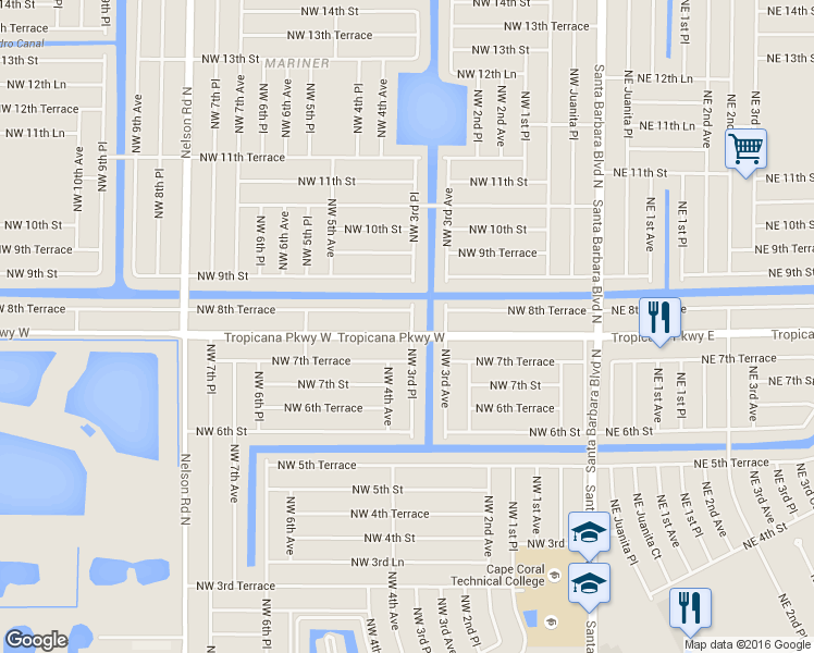 map of restaurants, bars, coffee shops, grocery stores, and more near 307 Tropicana Parkway West in Cape Coral