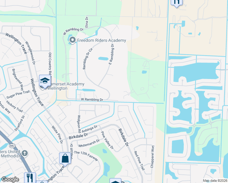 map of restaurants, bars, coffee shops, grocery stores, and more near 930 Rambling Drive Circle in Wellington