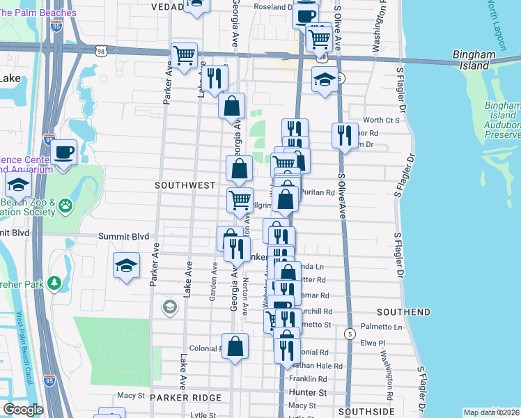 map of restaurants, bars, coffee shops, grocery stores, and more near 433 Plymouth Road in West Palm Beach