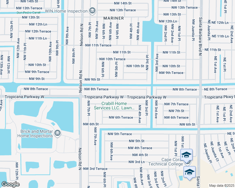 map of restaurants, bars, coffee shops, grocery stores, and more near 307 Tropicana Parkway West in Cape Coral