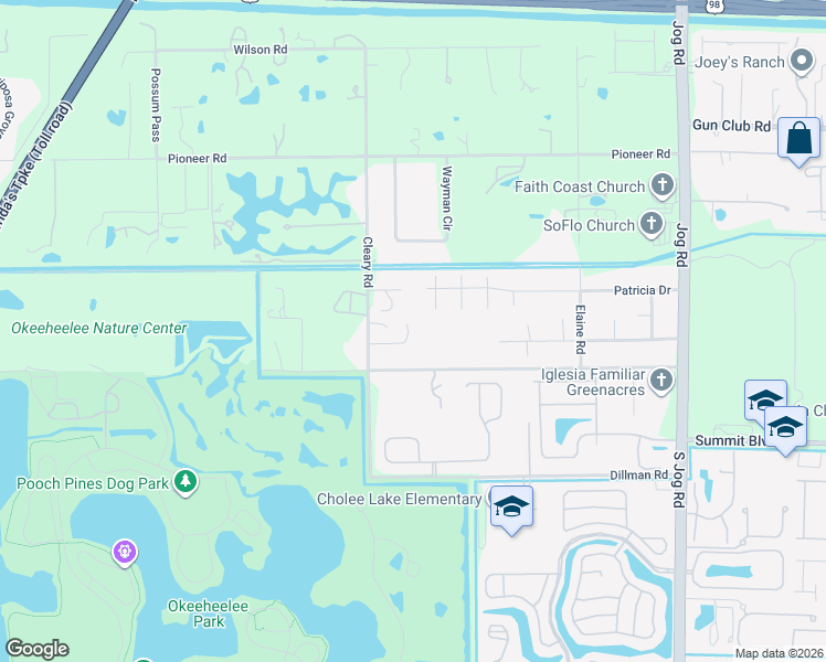 map of restaurants, bars, coffee shops, grocery stores, and more near 654 Cleary Road in West Palm Beach