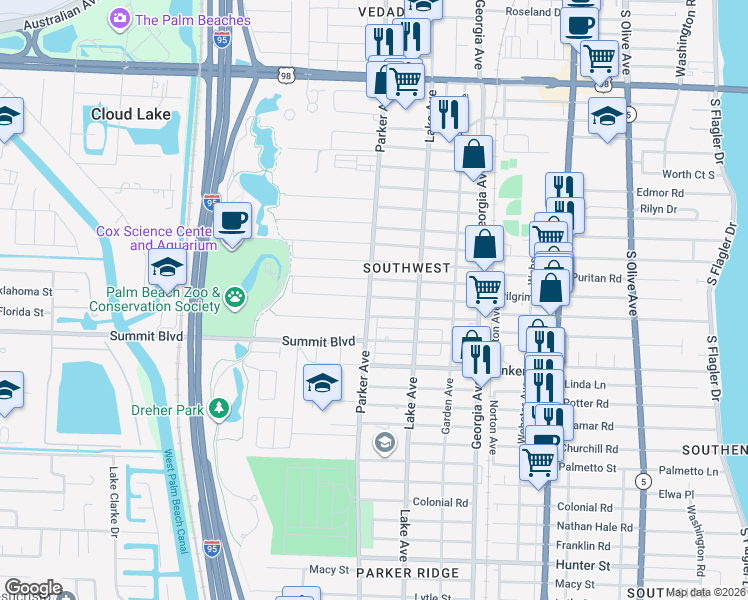map of restaurants, bars, coffee shops, grocery stores, and more near 846 Selkirk Street in West Palm Beach