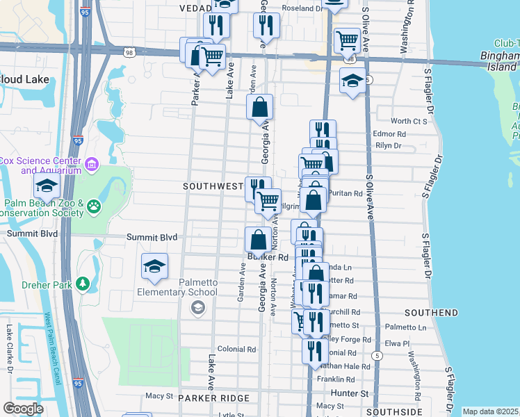 map of restaurants, bars, coffee shops, grocery stores, and more near 5204 Garden Avenue in West Palm Beach