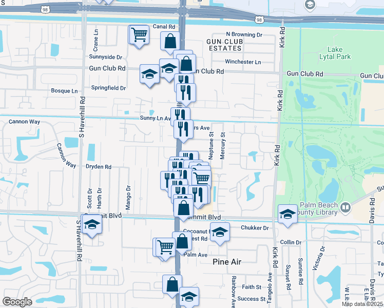 map of restaurants, bars, coffee shops, grocery stores, and more near 700 South Military Trail in West Palm Beach