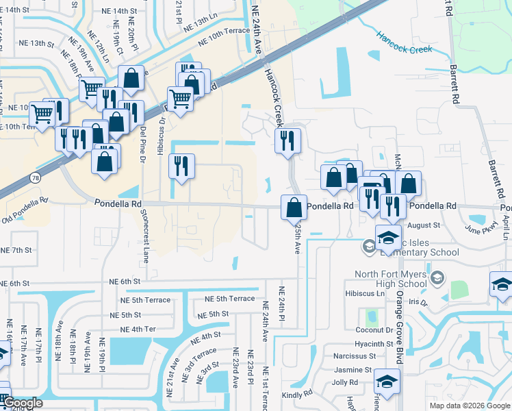 map of restaurants, bars, coffee shops, grocery stores, and more near 1215 Biscayne Drive in Cape Coral