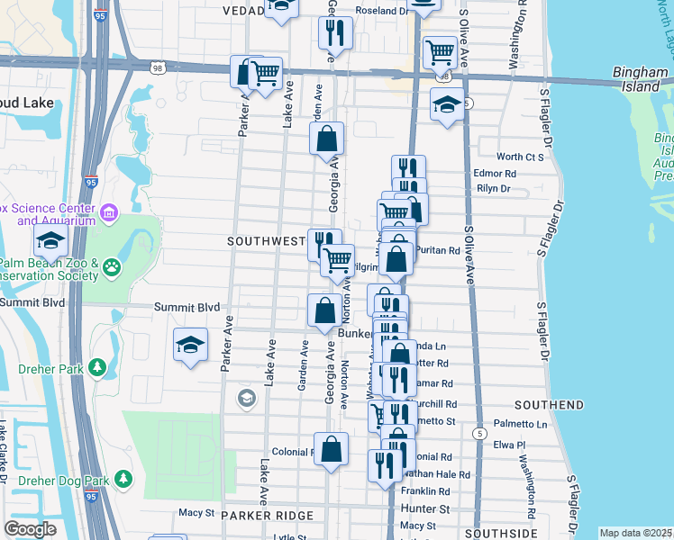 map of restaurants, bars, coffee shops, grocery stores, and more near 533 Plymouth Road in West Palm Beach