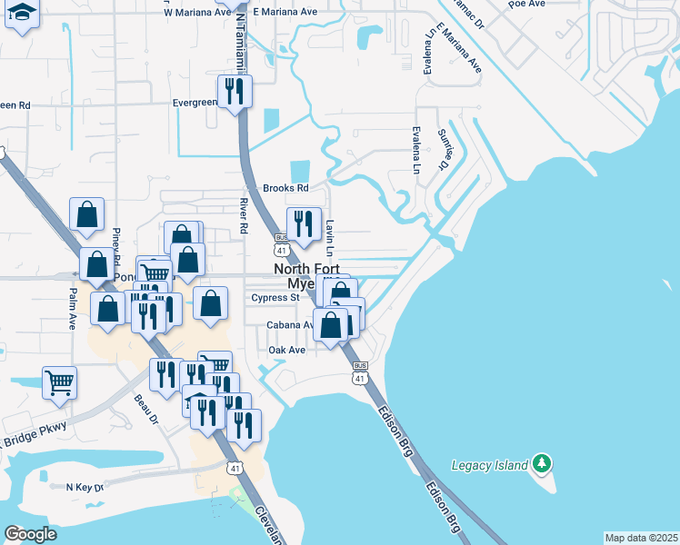 map of restaurants, bars, coffee shops, grocery stores, and more near 1279 Lavin Lane in North Fort Myers