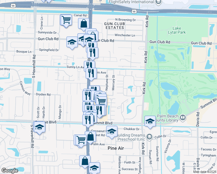 map of restaurants, bars, coffee shops, grocery stores, and more near 695 Mercury Street in West Palm Beach