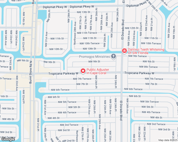 map of restaurants, bars, coffee shops, grocery stores, and more near 2605 Tropicana Parkway West in Cape Coral