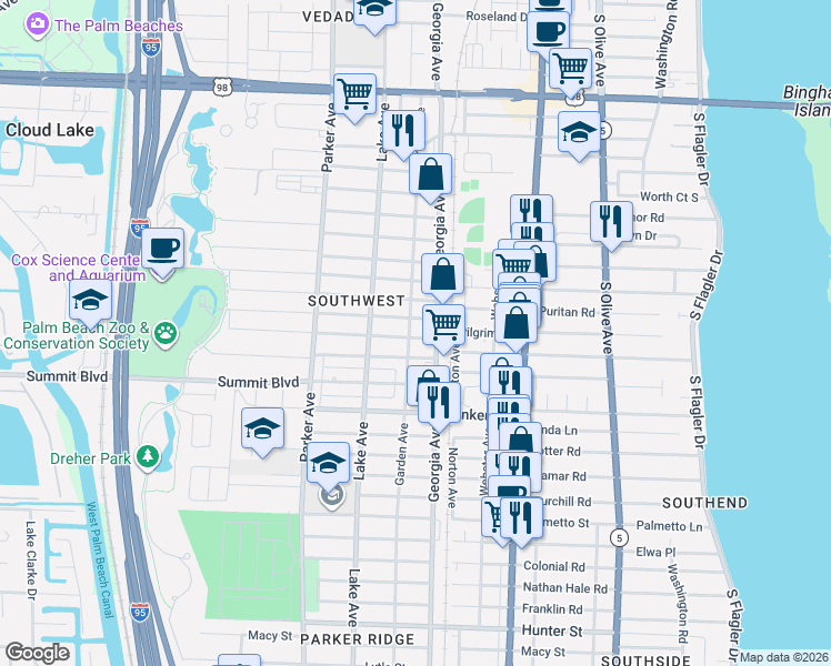 map of restaurants, bars, coffee shops, grocery stores, and more near 5204 Garden Avenue in West Palm Beach