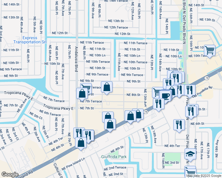 map of restaurants, bars, coffee shops, grocery stores, and more near 1009 Northeast 8th Street in Cape Coral