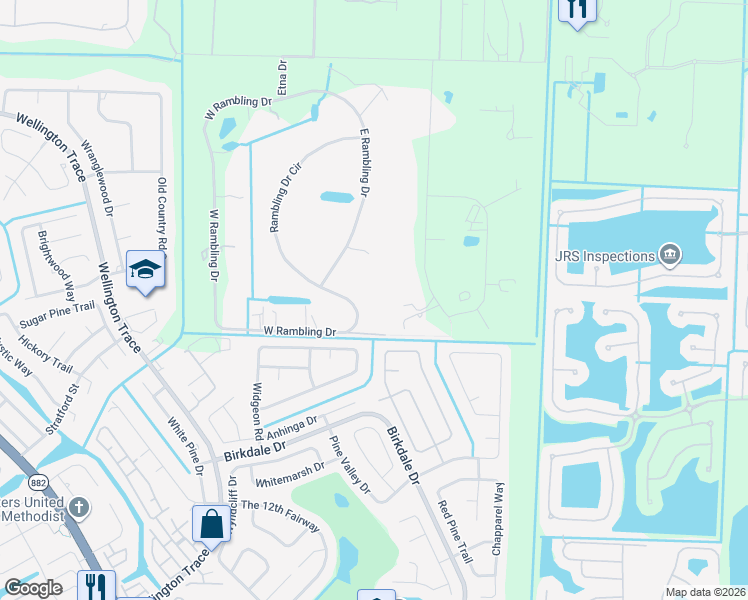 map of restaurants, bars, coffee shops, grocery stores, and more near 930 Rambling Drive Circle in Wellington