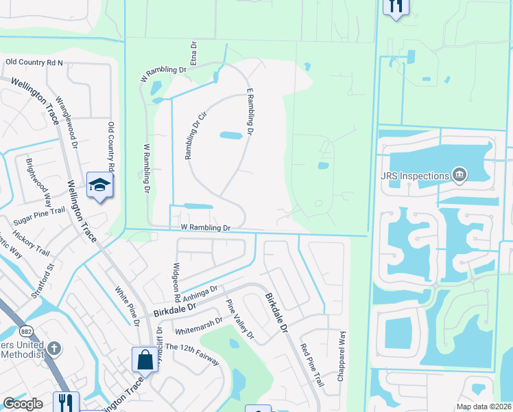 map of restaurants, bars, coffee shops, grocery stores, and more near 930 Rambling Drive Circle in Wellington