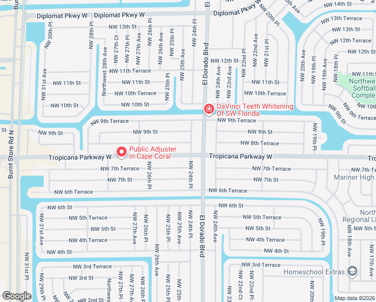 map of restaurants, bars, coffee shops, grocery stores, and more near 2417 Tropicana Parkway West in Cape Coral