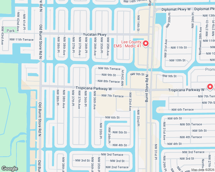 map of restaurants, bars, coffee shops, grocery stores, and more near 3416 Tropicana Parkway West in Cape Coral