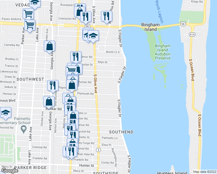 map of restaurants, bars, coffee shops, grocery stores, and more near 225 Plymouth Road in West Palm Beach