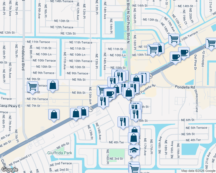 map of restaurants, bars, coffee shops, grocery stores, and more near 1401 Northeast 8th Street in Cape Coral