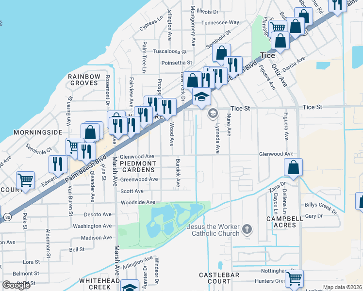 map of restaurants, bars, coffee shops, grocery stores, and more near 584 New York Drive in Fort Myers