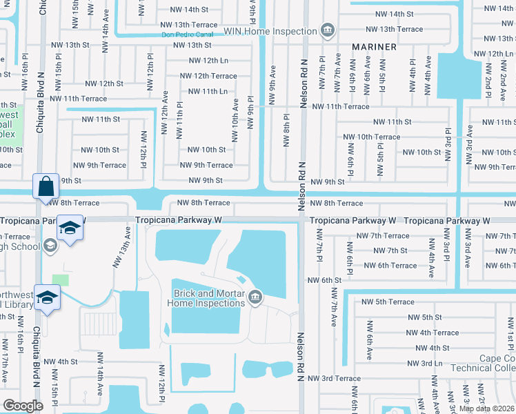 map of restaurants, bars, coffee shops, grocery stores, and more near 907 Tropicana Parkway West in Cape Coral
