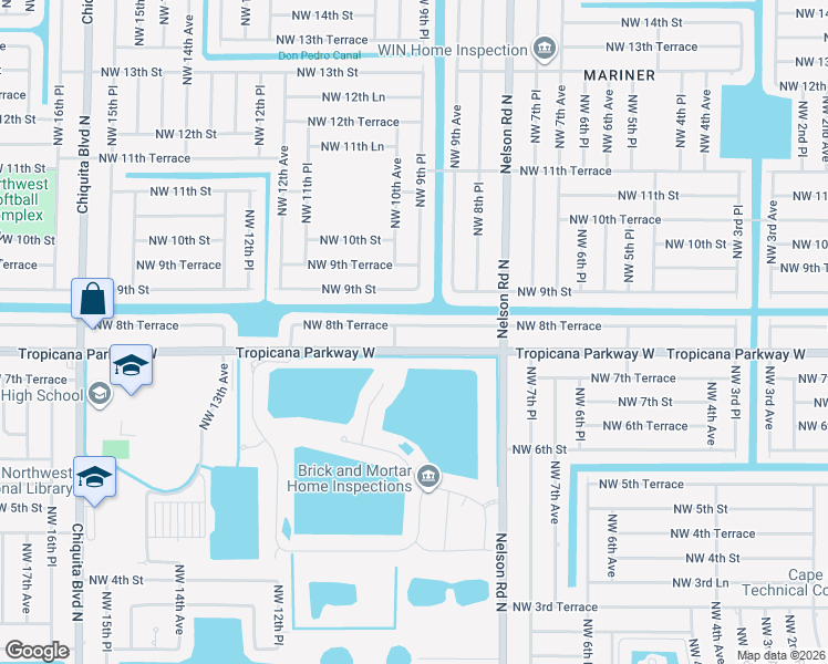 map of restaurants, bars, coffee shops, grocery stores, and more near 927 Tropicana Parkway West in Cape Coral