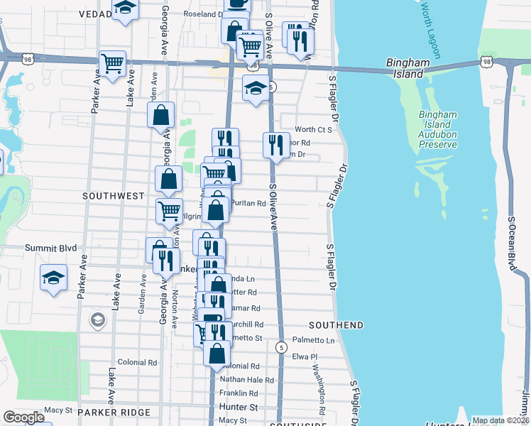 map of restaurants, bars, coffee shops, grocery stores, and more near 257 Plymouth Road in West Palm Beach