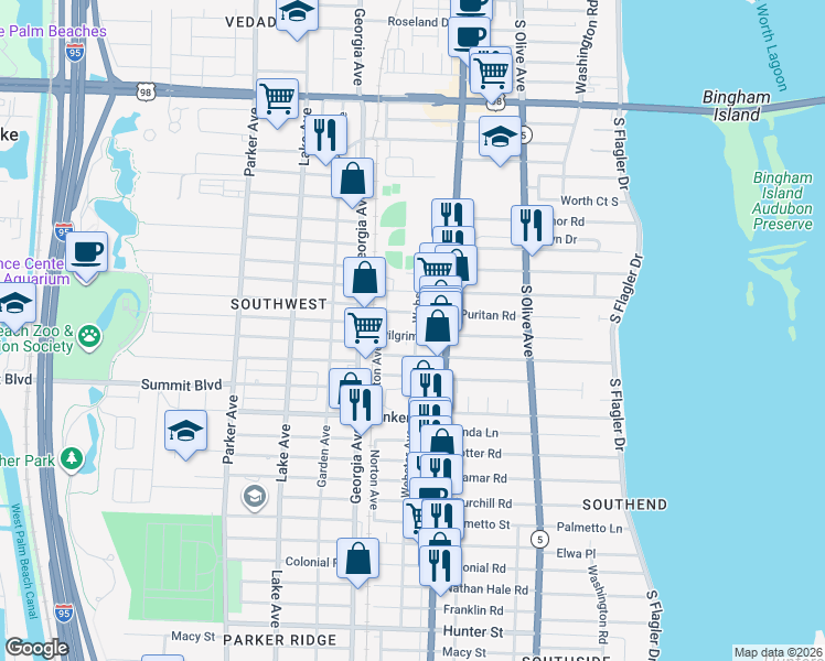 map of restaurants, bars, coffee shops, grocery stores, and more near 433 Plymouth Road in West Palm Beach