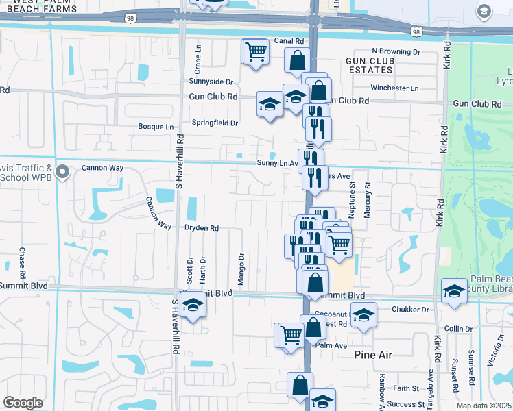 map of restaurants, bars, coffee shops, grocery stores, and more near 695 Neil Road in West Palm Beach