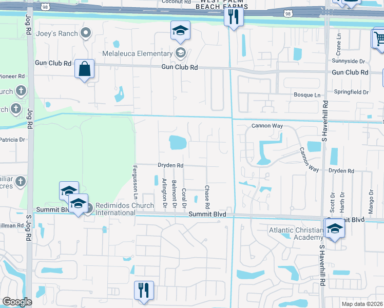 map of restaurants, bars, coffee shops, grocery stores, and more near 5717 Dryden Road in West Palm Beach