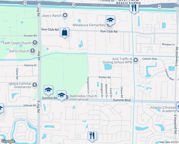 map of restaurants, bars, coffee shops, grocery stores, and more near 740 Fergusson Lane in West Palm Beach