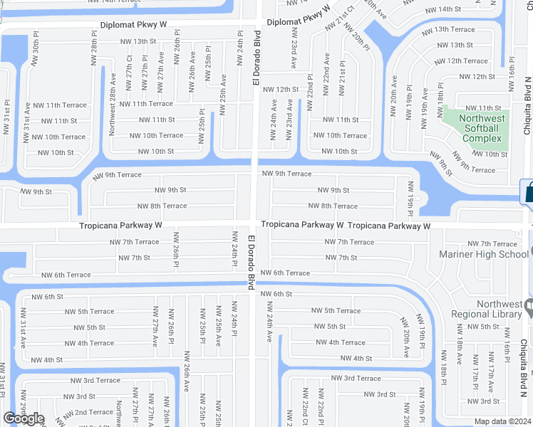 map of restaurants, bars, coffee shops, grocery stores, and more near 724 Northwest 24th Avenue in Cape Coral