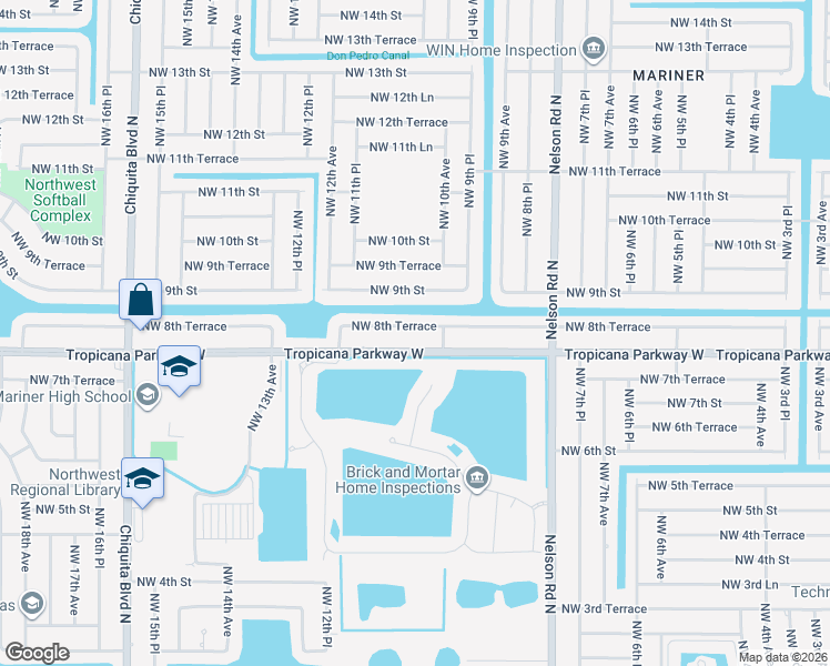 map of restaurants, bars, coffee shops, grocery stores, and more near 1019 Tropicana Parkway West in Cape Coral