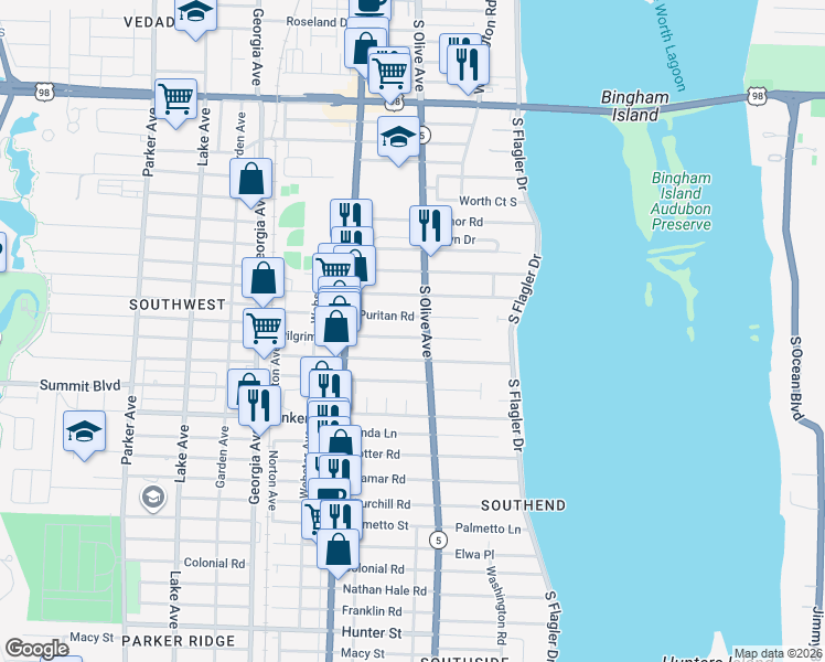 map of restaurants, bars, coffee shops, grocery stores, and more near 257 Plymouth Road in West Palm Beach