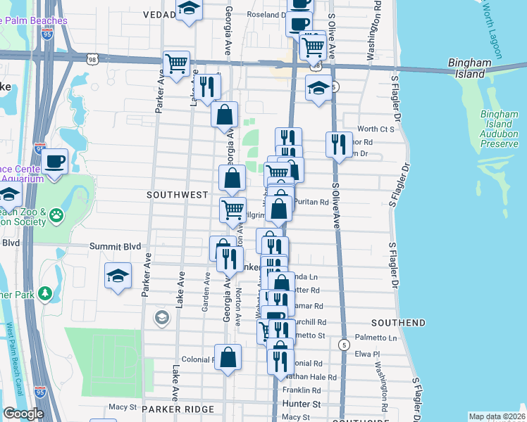 map of restaurants, bars, coffee shops, grocery stores, and more near 433 Plymouth Road in West Palm Beach