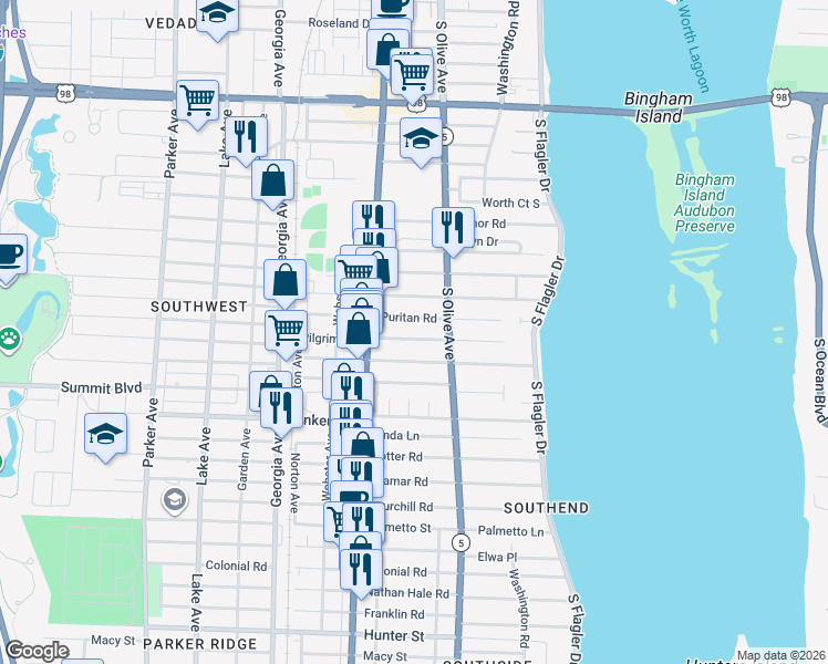 map of restaurants, bars, coffee shops, grocery stores, and more near 335 Plymouth Road in West Palm Beach