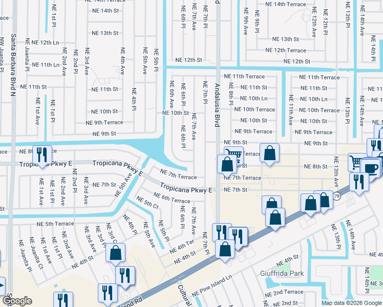 map of restaurants, bars, coffee shops, grocery stores, and more near 630 Northeast 6th Avenue in Cape Coral